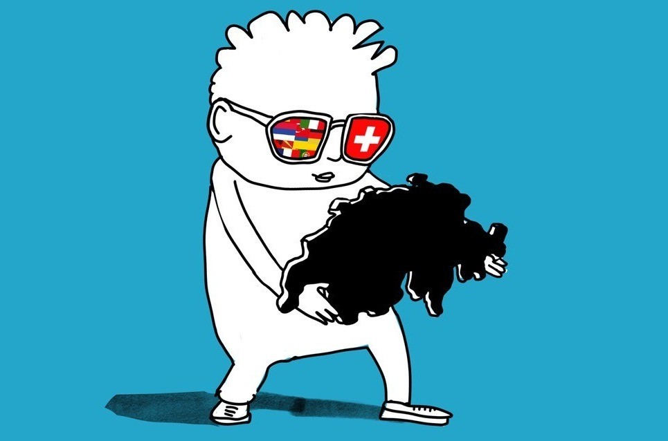 Illustration von einer jugendlichen Person mit Sonnenbrille und die Form der Schweiz in der Hand. Auf den Gl&auml;sern der Sonnenbrille sind verschiedene Landesfahnen sichtbar.