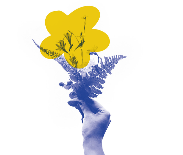 Eine blau gef&auml;rbte Hand h&auml;lt einen kleinen Blumenstrauss. Eine gelb gef&auml;rbte Blumenillustration ist &uuml;ber dem Blumenstr&auml;usschen platziert.