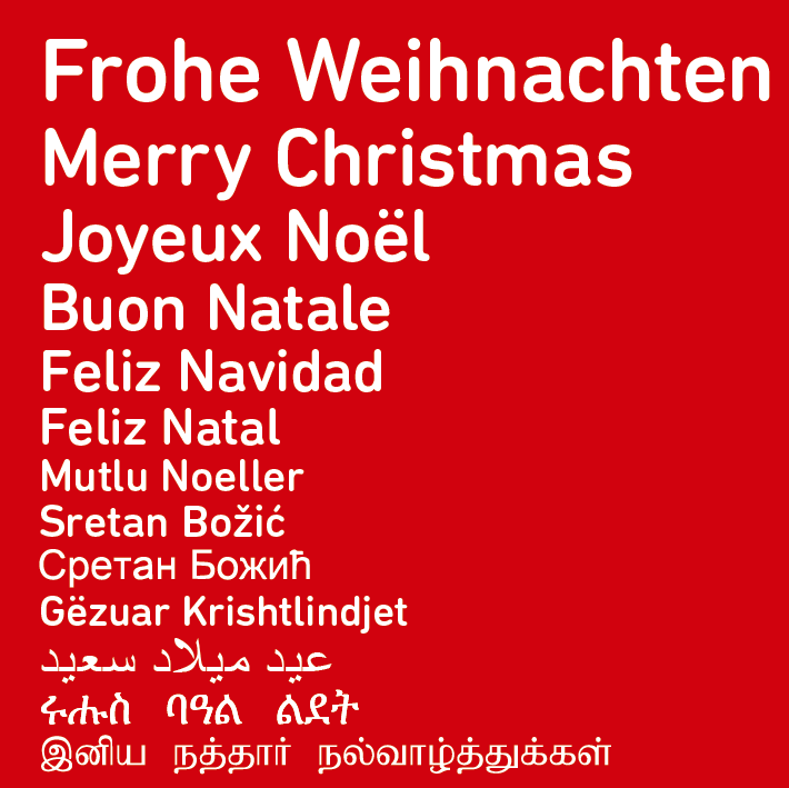 Frohe Weihnachten in 13 weiteren Sprachen auf rotem Hintergrund.