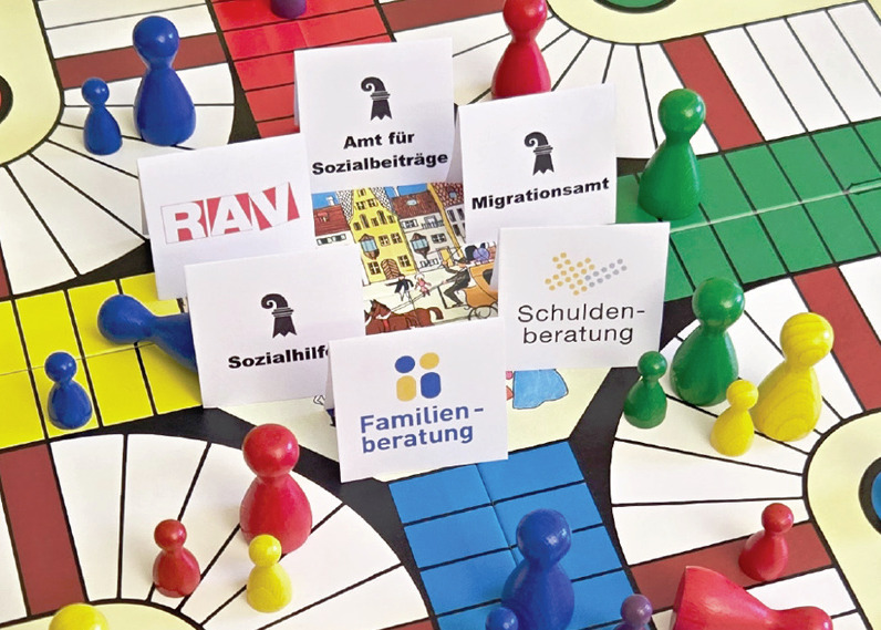 Bild vom Spielbrett "Eile mit Weile" mit weissen K&auml;rtchen. Auf den K&auml;rtchen werden RAV, Familienberatung Basel-Stadt, Sozialhilfe Basel-Stadt, Migrationsamt Basel-Stadt, Schuldenberatung und das Amt f&uuml;r Sozialbeitr&auml;ge abgebildet.
